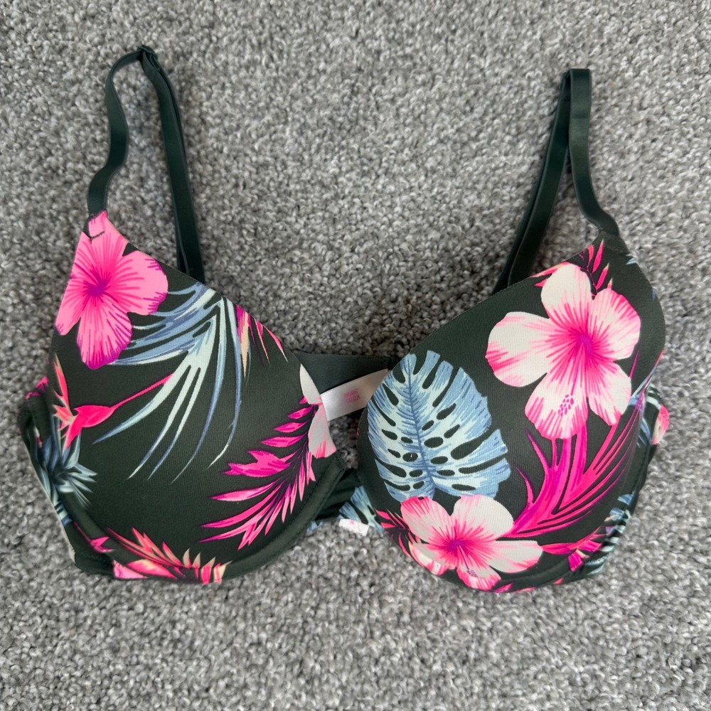 Victoria's Secret PINK Wear Everywhere Push-Up Bra 34C Tropical Floral Green